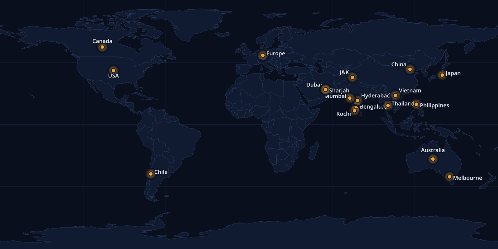 World map showing JAQL locations: Bengaluru, Hyderabad, Mumbai, Kochi, J&K, Thailand, Vietnam, Philippines, China, Japan, Dubai, Sharjah, Australia (incl. Melbourne), Europe, USA, Canada and Chile.